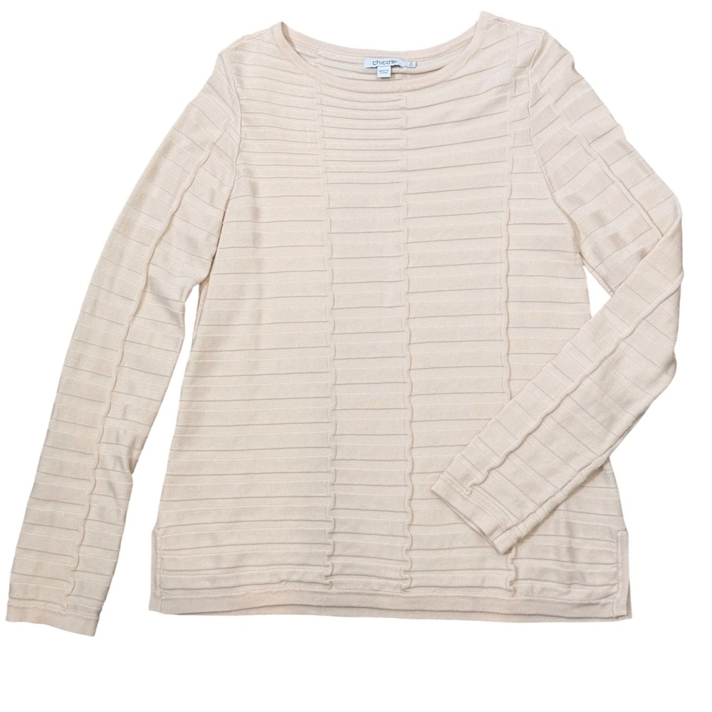 Chicos Horizontal Rib Textured Knit Ivory Neutral Pullover Sweater (0/S) Light